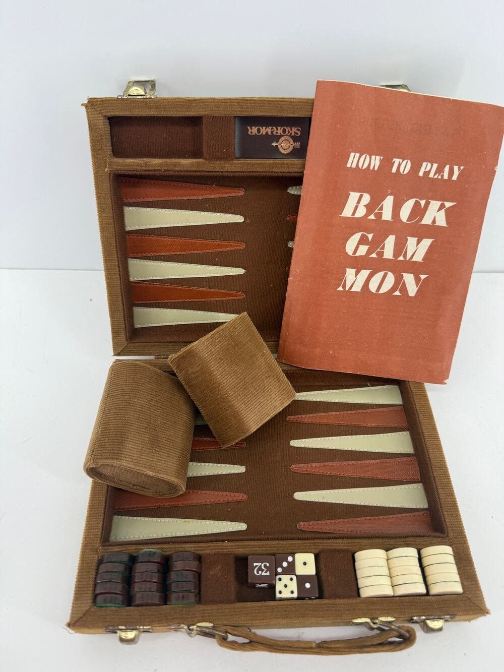 Skor Mor Vintage Backgammon Set Corduroy Suitcase Travel Game Complete 1970s